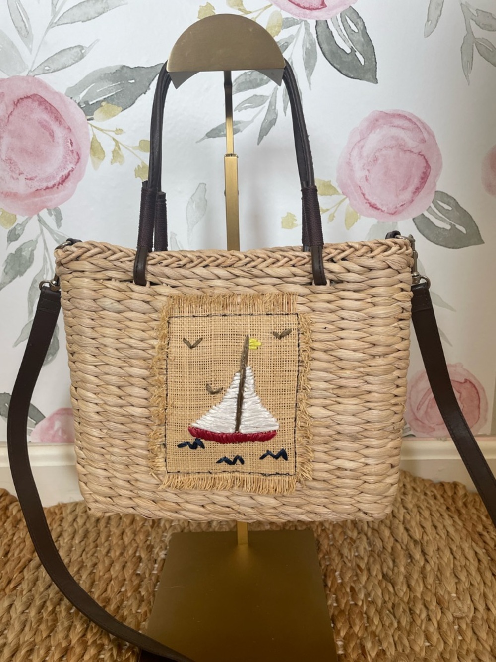 Woven Straw Sailboat Vacation Tote Bag - Natural with Euro Summer Straw Details - Picture 2 of 7